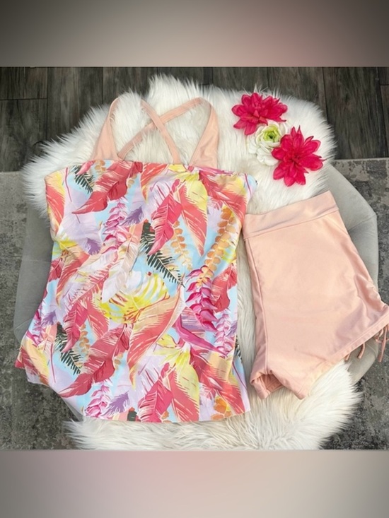 Women’s Floral Tropical Peach Tankini Swimwearswimsuit Set Sz Lg New!
